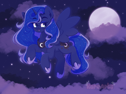 Size: 2732x2048 | Tagged: safe, artist:kuroartss, princess luna, alicorn, pony, g4, cloud, eyebrows, eyebrows visible through hair, female, flying, full moon, heart, heart eyes, hoof shoes, horn, mare, moon, night, night sky, open mouth, open smile, outdoors, peytral, ponytober, ponytober 2024, princess shoes, sky, smiling, solo, spread wings, stars, wingding eyes, wings