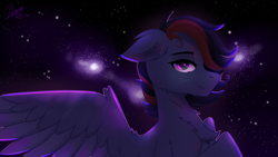 Size: 4000x2250 | Tagged: safe, artist:divori, oc, oc only, oc:maxis, pegasus, chest fluff, ear fluff, green eyes, looking at you, nebula, pegasus oc, space, stars, two toned mane, wings