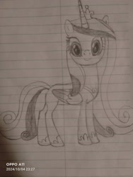 Size: 3000x4000 | Tagged: safe, artist:siduyi, derpibooru exclusive, princess cadance, alicorn, pony, g4, female, folded wings, hoof shoes, horn, jewelry, lined paper, looking at you, mare, pencil drawing, princess shoes, regalia, smiling, solo, tail, traditional art, wings