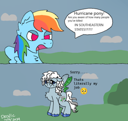 Size: 640x607 | Tagged: safe, artist:doodle-doodie-doo, rainbow dash, oc, oc:hurricanepony, pegasus, pony, g4, current events, emoji, hurricane, meme, outdoors, pleading, shitposting, speech bubble, talking