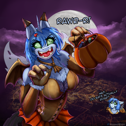 Size: 1000x1000 | Tagged: safe, artist:shamziwhite, oc, oc:icefumy, changeling, anthro, breasts, candy, cleavage, clothes, costume, female, food, gloves, halloween, halloween costume, holiday, jack-o-lantern, long gloves, looking at you, open mouth, outdoors, pumpkin, pumpkin bucket, skirt, spooky, wings