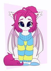 Size: 2216x3072 | Tagged: safe, artist:keupoz, oc, oc only, oc:lerk, bat pony, pony, abstract background, ahoge, bat pony oc, bat wings, clothes, colored sclera, commission, heart ahoge, looking at you, partially open wings, passepartout, sitting, solo, wings, yellow sclera