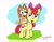 Size: 3104x2448 | Tagged: safe, artist:newportmuse, apple bloom, dog, earth pony, pony, g4, australian cattle dog, bingo heeler, bluey, colored, dialogue in the description, digital art, duo, duo female, female, grass, looking at each other, looking at someone, open mouth, open smile, riding, riding a pony, signature, simple background, sky, smiling, sweet apple acres