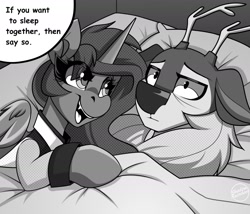 Size: 1750x1500 | Tagged: safe, artist:shadowreindeer, princess luna, oc, oc:kevin reindeer, android, robot, bedroom, connor, detroit: become human, duo, fangs, grayscale, meme, monochrome, rk900