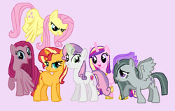 Size: 892x568 | Tagged: safe, artist:diana173076, fluttershy, marble pie, pinkie pie, princess cadance, sunset shimmer, sweetie belle, alicorn, pegasus, pony, g4, alicornified, alternate mane six, alternate universe, female, group, marblecorn, mare, older, older sweetie belle, pegasus pinkie pie, pink background, pinkamena diane pie, race swap, simple background