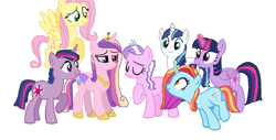 Size: 1293x656 | Tagged: safe, artist:diana173076, diamond tiara, fluttershy, princess cadance, sassy saddles, shining armor, twilight sparkle, alicorn, pegasus, pony, g4, alternate mane six, alternate universe, dusk shine, female, group, male, mare, older, older diamond tiara, simple background, stallion, twilight sparkle (alicorn), white background