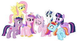 Size: 1253x676 | Tagged: safe, artist:diana173076, diamond tiara, fluttershy, princess cadance, sassy saddles, shining armor, twilight sparkle, alicorn, pegasus, pony, g4, alternate mane six, alternate universe, dusk shine, female, group, male, mare, older, older diamond tiara, simple background, stallion, twilight sparkle (alicorn), white background