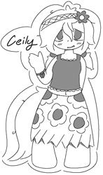 Size: 500x852 | Tagged: safe, artist:castafae, oc, oc only, oc:ceiling fan, satyr, bags under eyes, belly, belly button, blushing, bracelet, clothes, female, hairband, hand behind back, jewelry, messy hair, monochrome, parent:oc:floor bored, pigtails, ribbon, skirt, solo, swimsuit, tank top, waving