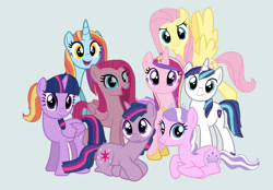 Size: 1072x746 | Tagged: safe, artist:diana173076, diamond tiara, fluttershy, pinkie pie, princess cadance, sassy saddles, shining armor, twilight sparkle, alicorn, pegasus, pony, g4, alternate mane six, alternate universe, dusk shine, female, group, male, mare, older, older diamond tiara, pinkamena diane pie, race swap, simple background, stallion, twilight sparkle (alicorn)