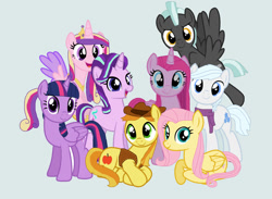 Size: 1046x764 | Tagged: safe, artist:diana173076, braeburn, double diamond, fluttershy, pinkie pie, princess cadance, thunderlane, twilight sparkle, alicorn, crystal pony, pegasus, pony, g4, alternate mane six, alternate universe, crystallized, female, group, male, mare, pegasus pinkie pie, pinkamena diane pie, race swap, simple background, stallion, twilight sparkle (alicorn), white background