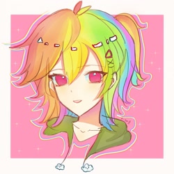 Size: 3000x3000 | Tagged: safe, artist:rdjinchuan, rainbow dash, human, g4, bust, humanized, multicolored hair, open mouth, passepartout, ponytail, portrait, rainbow hair, smiling, solo