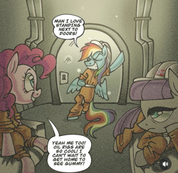 Size: 1080x1048 | Tagged: safe, artist:sinclairdugore, maud pie, pinkie pie, rainbow dash, earth pony, pegasus, pony, g4, clothes, hard hat, hat, indoors, jumpsuit, meme, speech bubble, text, this may end in death