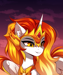 Size: 853x1009 | Tagged: safe, artist:airiniblock, daybreaker, alicorn, pony, g4, chest fluff, cloud, crown, ear fluff, eyebrows, fangs, female, horn, icon, jewelry, mare, outdoors, peytral, regalia, sky, solo, sunset, wingding eyes, wings