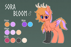 Size: 3072x2048 | Tagged: safe, artist:keupoz, oc, oc only, oc:sora bloom, deer, hippogriff, hybrid, :p, abstract background, antlers, chest fluff, claws, commission, hybrid oc, male, reference sheet, signature, text, tongue out, wings