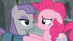 Size: 1920x1080 | Tagged: safe, screencap, maud pie, pinkie pie, earth pony, pony, g4, my little pony: friendship is magic, rock solid friendship, duo, duo female, female, outdoors, siblings, sisters