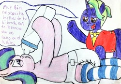 Size: 3162x2200 | Tagged: safe, artist:bitter sweetness, firelight, starlight glimmer, pony, unicorn, g4, abdl, adult foal, baby bottle, clothes, diaper, diaper fetish, drink, drinking, father and child, father and daughter, female, fetish, horn, male, non-baby in diaper, open mouth, open smile, poofy diaper, simple background, smiling, socks, spanish, spanish text, speech bubble, striped socks, traditional art, translated in the description, white background