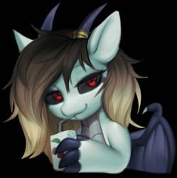 Size: 1274x1280 | Tagged: safe, artist:vensual99, oc, oc only, oc:bloodlight bonestalk, dracony, dragon, hybrid, pony, black background, black sclera, bust, commission, drink, drinking, female, horn, horn ring, horns, juice, juice box, red eyes, ring, simple background, solo