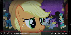 Size: 1080x538 | Tagged: safe, screencap, applejack, art vandelhay, barbara banter, cloudy daze, corn pops, honey curls, mare e. lynn, maybelline, pearly stitch, sandbar, pegasus, pony, g4, made in manehattan, my little pony: friendship is magic, season 5, applejack's hat, background pony, butt, clothes, cowboy hat, female, filly, foal, hat, implied sandbar, male, manehattan, pants, reddit, sunglasses, top hat, youtube