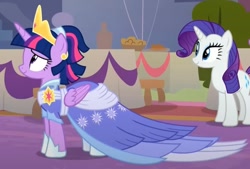 Size: 995x671 | Tagged: safe, screencap, rarity, twilight sparkle, alicorn, pony, unicorn, g4, the last problem, alternate hairstyle, banner, bush, canterlot, clothes, coronation dress, cropped, crown, dress, duo, duo female, elegant, evening, female, gown, horn, indoors, jewelry, outdoors, regal, regalia, second coronation dress, standing, stash, table, twilight sparkle (alicorn)