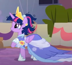 Size: 874x789 | Tagged: safe, screencap, twilight sparkle, alicorn, pony, g4, the last problem, banner, bush, canterlot, clothes, coronation dress, cropped, crown, crying, dress, elegant, evening, female, gown, hoof on chest, indoors, jewelry, messy mane, regal, regalia, second coronation dress, solo, standing, table, tears of joy, twilight sparkle (alicorn)