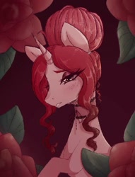 Size: 824x1076 | Tagged: safe, artist:fluffymaiden, oc, oc:velvet rose, pony, unicorn, bust, female, flower, horn, mare, portrait, solo