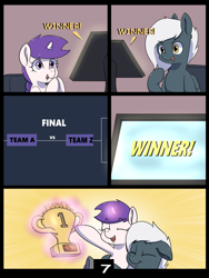 Size: 6000x8000 | Tagged: safe, artist:imposter dude, oc, oc only, oc:snowie aura, oc:tempest streamrider, pegasus, pony, unicorn, comic, duo, female, filly, foal, happy, horn, indoors, magic, male, monitor, stallion, trophy, winner