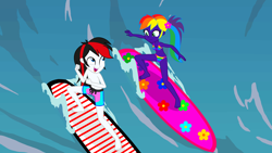 Size: 3500x1968 | Tagged: safe, artist:doraair, artist:star-armour95, oc, oc only, oc:rainbow flower, oc:red arrow, human, equestria girls, g4, clothes, duo, female, flower, flower in hair, male, multicolored hair, ocean, ponytail, rainbow bikini, rainbow hair, rainbow swimsuit, recolor, surfboard, surfing, swimsuit, water, wave