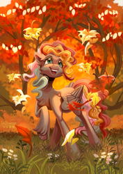 Size: 2480x3507 | Tagged: safe, artist:teaflower300, oc, oc only, pegasus, pony, autumn, chest fluff, commission, female, leaves, mare, solo, tree, unshorn fetlocks, ych result