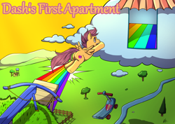 Size: 4092x2893 | Tagged: safe, artist:natt333, scootaloo, pegasus, pony, fanfic:dash's first apartment, g4, author:shakespearicles, building, butt, cloud, cloud house, cover art, crossbow, evening, eyebrows, eyelashes, eyes open, female, fence, filly, foal, grass, grass field, happy, high res, house, implied bow hothoof, implied incest, implied rainbow dash, implied unbirthing, implied windy whistles, logo, mountain, number, open mouth, outdoors, plot, rainbow, ramp, river, scooter, shadow, shakespearicles, shield, signature, sky, solo, spread wings, starry eyes, swing, teeth, text, tree, wall of tags, water, weapon, wingding eyes, wings