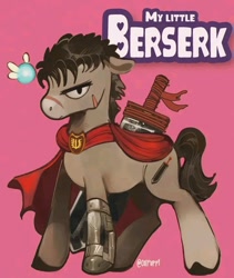 Size: 720x854 | Tagged: safe, artist:coypuppy, earth pony, parasprite, pony, berserk, cape, clothes, guts (berserk), ponified, scar, sword, weapon