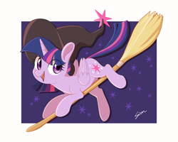 Size: 1700x1358 | Tagged: safe, artist:sion, part of a set, twilight sparkle, alicorn, pony, g4, broom, clothes, costume, cute, eye clipping through hair, female, flying, flying broomstick, halloween, halloween costume, hat, mare, open mouth, open smile, passepartout, signature, smiling, solo, starry eyes, stars, twiabetes, twilight sparkle (alicorn), wingding eyes, witch hat