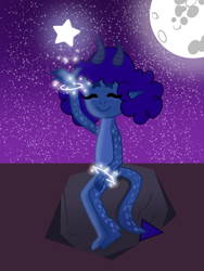 Size: 768x1024 | Tagged: safe, artist:lnx1ynight16, oc, oc only, oc:bintang, original species, ^^, arm band, curly hair, dragon lands, elf ears, eyes closed, horns, land overlander, message, moon, night, outdoors, overlander, rock, smiling, solo, stars