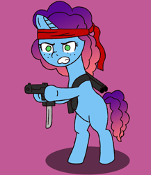 Size: 2177x2503 | Tagged: safe, artist:moistlimit, misty brightdawn, pony, unicorn, friday night food fight, g5, my little pony: tell your tale, bipedal, female, gun, headband, horn, mare, rambo, rebirth misty, solo, weapon