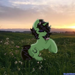 Size: 1000x1000 | Tagged: safe, artist:lunarglaze, oc, oc only, oc:dolores, pony, unicorn, butt, eyeshadow, flower, flower in hair, glade, horn, makeup, outdoors, plot, solo, sunset