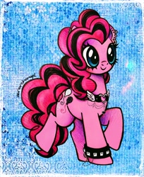 Size: 1674x2048 | Tagged: safe, artist:dariarchangel, pinkie pie, earth pony, pony, g4, adorable face, alternate cutie mark, alternate hair color, alternate mane color, alternate tail color, beads, big eyes, blue eyes, blushing, c:, choker, curly hair, curly mane, curly tail, cute, cute face, cute smile, diapinkes, dyed hair, dyed mane, dyed tail, ear piercing, earring, emo, female, glittery cutie mark, gothic pinkie, heart, heart earring, jewelry, looking forward, mascara, pendant, piercing, pink coat, pink hair, pink mane, pink tail, pinkie pie's boutique, ponk, punk, punkie pie, raised hoof, smiling, solo, standing, standing on two hooves, tail, thick eyelashes, toy interpretation, traditional art, two toned hair, two toned mane, two toned tail, wings