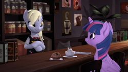 Size: 3840x2160 | Tagged: safe, artist:owlpirate, derpy hooves, twilight sparkle, alicorn, pegasus, pony, g4, 3d, 4k, barista, cafe, coffee, coffee cup, cup, cute, derpabetes, duo, duo female, female, food, high res, indoors, latte, looking at each other, looking at someone, mare, muffin, smiling, smiling at each other, source filmmaker, twiabetes, twilight sparkle (alicorn)