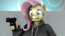 Size: 1280x720 | Tagged: safe, artist:warhammer50k, fluttershy, pegasus, anthro, g4, 3d, breasts, busty fluttershy, clock, funny face, gun, gunshy, handgun, holding a gun, jumper, pistol, scared, shiny skin, solo, source filmmaker, sweat, weapon