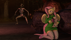 Size: 1280x720 | Tagged: safe, artist:warhammer50k, fluttershy, pegasus, undead, zombie, zombie pony, anthro, plantigrade anthro, g4, 3d, big breasts, breasts, busty fluttershy, clothes, everfree forest, folded wings, holding a bunny, horror, imminent death, infected, infection au, jumper, no hands, outdoors, red mist, run for your lives, scared, shoes, socks, source filmmaker, wings