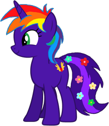 Size: 1605x1848 | Tagged: safe, artist:star-armour95, oc, oc only, oc:rainbow flower, unicorn, g4, cute, flower, flower in tail, horn, mismatched mane and tail, simple background, smiling, solo, tail, transparent background