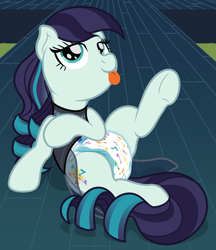 Size: 1303x1511 | Tagged: safe, artist:nitei, coloratura, earth pony, pony, g4, :p, bedroom eyes, clothes, diaper, diaper fetish, diapered, dress, dress lift, female, fetish, implied tail hole, mare, music notes, non-baby in diaper, poofy diaper, raised leg, sitting, solo, stage, tongue out