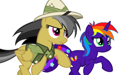 Size: 1752x1080 | Tagged: safe, artist:star-armour95, daring do, oc, oc:rainbow flower, pegasus, pony, unicorn, g4, clothes, duo, female, hat, horn, mare, pith helmet, running, shirt, simple background, transparent background