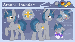 Size: 3000x1668 | Tagged: safe, artist:arcane-thunder, oc, oc only, oc:arcane thunder, pony, unicorn, blushing, butt, chest fluff, clothes, eyes closed, floppy ears, horn, male, not stygian, plot, reference sheet, socks, solo, stallion, striped socks, tongue out, unicorn oc