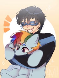 Size: 768x1024 | Tagged: safe, artist:marcomau, rainbow dash, human, pegasus, pony, g4, crossover, dc comics, duo, female, hug, male, mare, nightwing, one ear down, open mouth, open smile, smiling