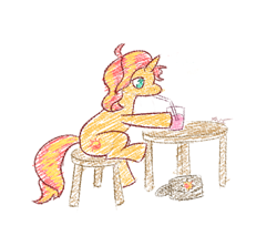 Size: 2000x1700 | Tagged: safe, artist:zoeyhorse, sunset shimmer, pony, unicorn, g4, bag, drink, drinking, drinking straw, female, horn, mare, saddle bag, simple background, sitting, solo, table, traditional art emulation, white background