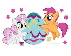 Size: 500x392 | Tagged: safe, scootaloo, sweetie belle, pegasus, pony, unicorn, g4, official, cute, duo, duo female, easter, easter egg, female, filly, flower, flying, foal, holiday, horn, paint, painting, raised hoof, raised hooves, scootaloo can fly, simple background, smiling, standing on two hooves, stock vector, white background