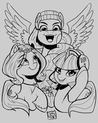 Size: 2160x2700 | Tagged: safe, artist:twillow, flowa queen, little rock, princess majestic, earth pony, pegasus, pony, unicorn, g5, background pony, female, gray background, grayscale, headset, high res, horn, jewelry, looking at you, mare, monochrome, necklace, open mouth, open smile, simple background, smiling, smiling at you, spread wings, unitober 2024, unshorn fetlocks, wings