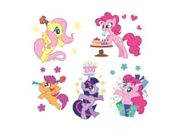 Size: 500x392 | Tagged: safe, fluttershy, pinkie pie, scootaloo, twilight sparkle, earth pony, pegasus, pony, unicorn, g4, official, balancing, bipedal, birthday cake, cake, cupcake, cute, female, filly, flower, foal, food, hat, heart, mare, party hat, present, scootaloo can fly, simple background, smiling, spread wings, stock vector, three toned mane, trio, trio female, unicorn twilight, white background, wings