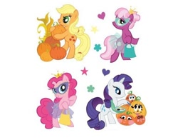 Size: 500x392 | Tagged: safe, applejack, cheerilee, pinkie pie, rarity, earth pony, pony, unicorn, g4, official, bipedal, clothes, costume, cute, dress, female, flower, freckles, halloween, halloween costume, heart, horn, looking at you, mare, painting, ponytail, pumpkin, simple background, smiling, stars, stock vector, white background