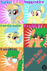 Size: 4096x6144 | Tagged: safe, artist:facelessjr, oc, oc:fair flyer, oc:matinee, oc:morning mimosa, oc:soiree, earth pony, pegasus, mare fair, alternate hairstyle, bedroom eyes, braces, braid, braided ponytail, earth pony oc, eyeshadow, female, glasses, headband, makeup, pegasus oc, ponytail, rating, smiling, swirly glasses, vector