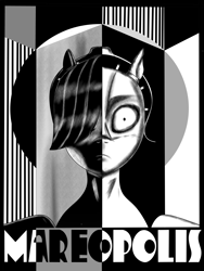 Size: 5400x7200 | Tagged: safe, artist:pony quarantine, maud pie, pony, robot, robot pony, g4, black and white, bust, female, grayscale, hair over one eye, looking at you, mare, metropolis, monochrome, movie poster, ponified, solo, text